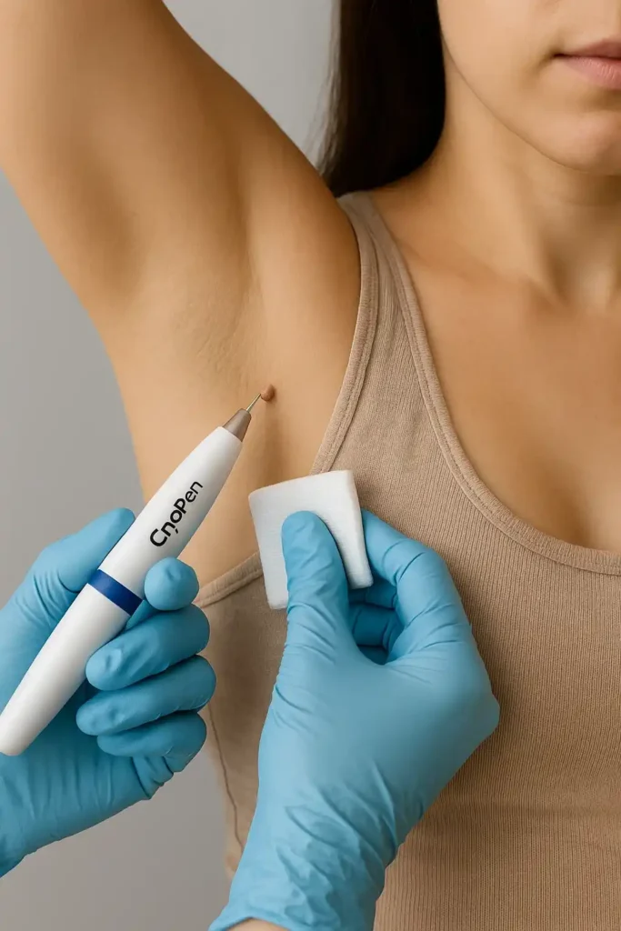 woman having cryopen to remove underarm skin tags Sheffield