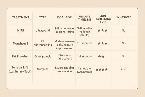 Table showing the comparisons of Skin tightening Sheffield treatment options.